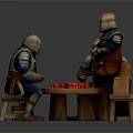 Medieval Knight Miniatures Gathered Around Wooden Table With Red Dice And Stools
