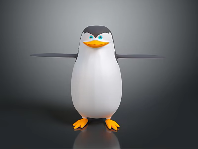 Cute 3D Penguin Character With Black And White Body Orange Feet Blue Eyes Outstretched Wings 3d model