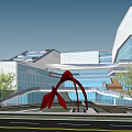 Modern Inclined Building with Glass Curtain Walls Green Roof Top Red Sculpture and Pedestrians Bicycles