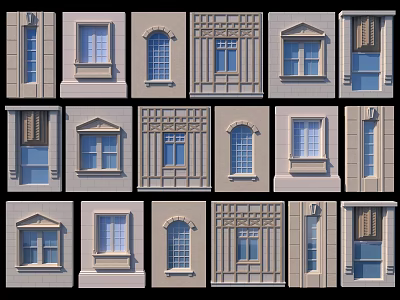 Diverse Window Design Collection With Arched Frames Shutters And Decorative Moldings 3d model
