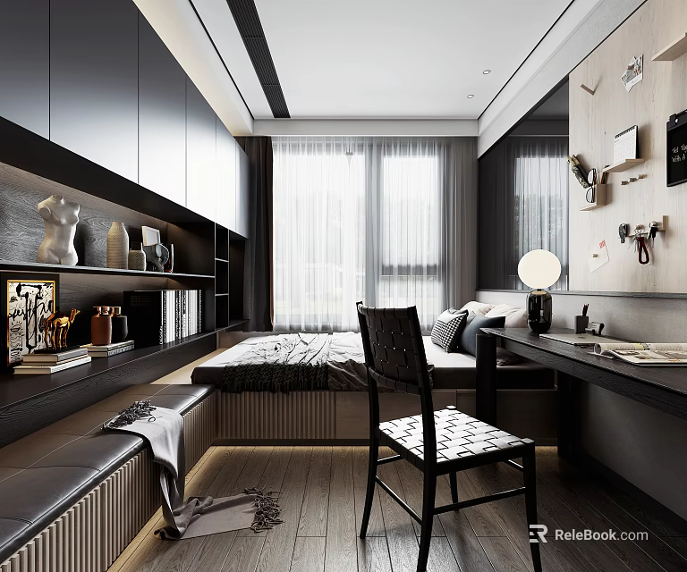 Modern Tatami Bedroom With Dark Cabinetry Window Curtains Desk And Chair Decorative Items 3d model 