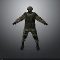 Tactical Soldier In Camouflage Uniform With Helmet Vest And Knee Pads Standing On Gray Background