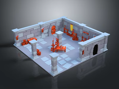 Medieval Building Interior With Stone Walls Archway Checkerboard Floor And Red Furnishings 3d model