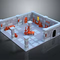 Medieval Building Interior With Stone Walls Archway Checkerboard Floor And Red Furnishings