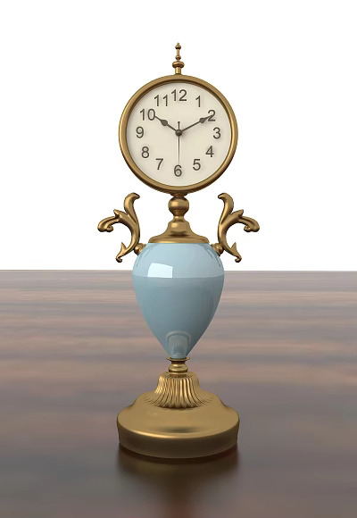 Vintage Table Clock With Blue Ceramic Base And Golden Decorative Elements 3d model