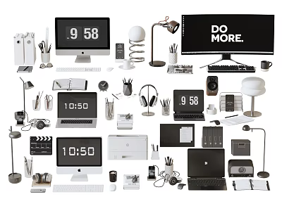 Collection of Office Electronics and Desk Accessories Including Computer Monitor Laptop Clock Headphones and Lamp 3d model