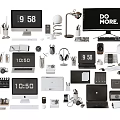 Collection of Office Electronics and Desk Accessories Including Computer Monitor Laptop Clock Headphones and Lamp