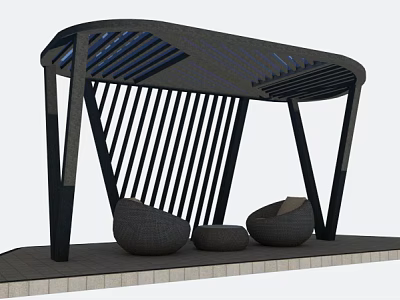 Modern Outdoor Pergola With Vertical Slat Structure And Wicker Seating Elements 3d model