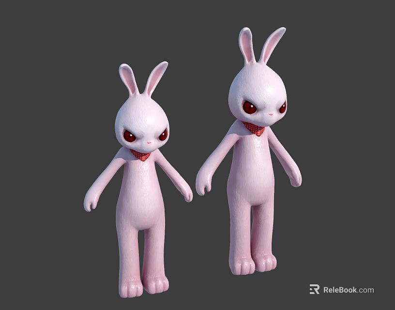 Two pink rabbit dolls with red eyes and red bow ties standing together 3d model 