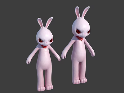 Two pink rabbit dolls with red eyes and red bow ties standing together 3d model