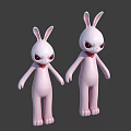 Two pink rabbit dolls with red eyes and red bow ties standing together