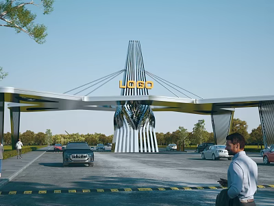 LEGO Entrance Gate Modern Metal Arch Design With Cars Passing And Trees Around 3d model