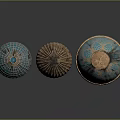Cartoon Scene Displaying Three Decorative Bowls With Diverse Patterns Colorful Hues And Metallic Accents