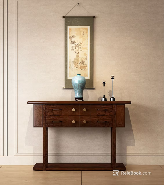 Wooden Console Table With Drawers Gold Knobs Blue Vase And Black Candle Holders 3d model