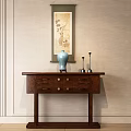 Wooden Console Table With Drawers Gold Knobs Blue Vase And Black Candle Holders 3d model