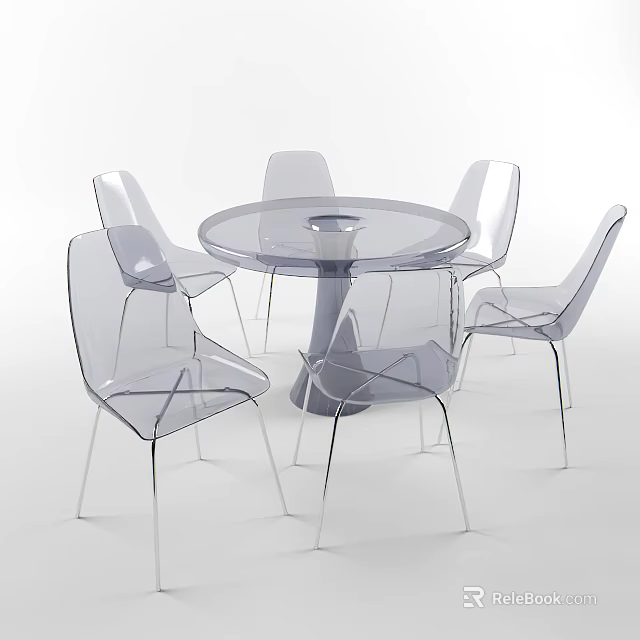 Transparent Round Dining Table with Six Clear Chairs Modern Set Design 3d model 