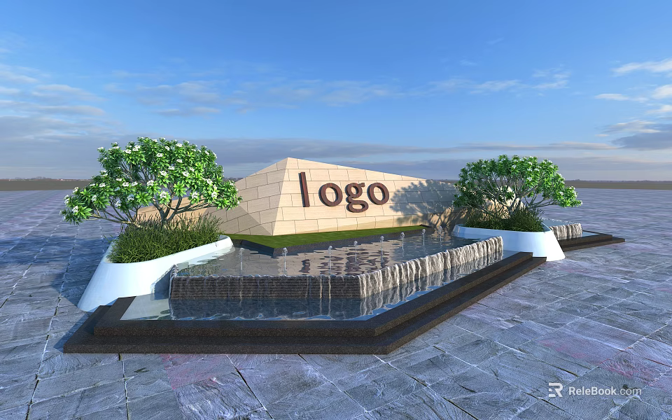 Garden Ornament Design With Logo Structure Surrounding Green Trees Front Water Feature And Stone Pavement 3d model 