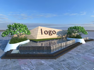 Garden Ornament Design With Logo Structure Surrounding Green Trees Front Water Feature And Stone Pavement 3d model