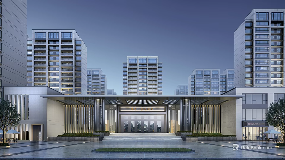 Modern Sales Office Building With Open Plaza And Residential Towers 3d model 