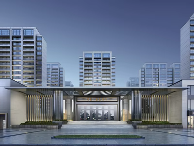 Modern Sales Office Building With Open Plaza And Residential Towers 3d model