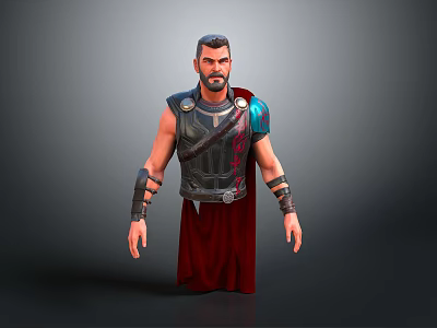 3D Model of Humanoid Warrior Character With Ancient Armor Red Robe and Blue Shoulder Guards 3d model