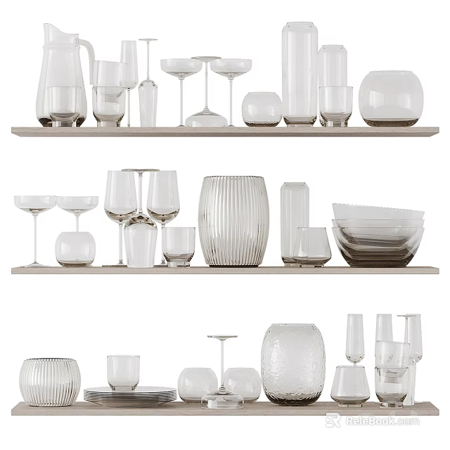 Stylish Wine Bottles and Glasses Display on Multiple Shelves with Various Glassware 3d model 