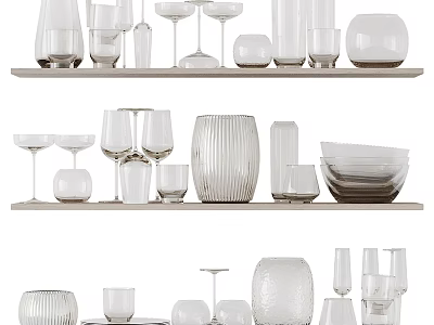Stylish Wine Bottles and Glasses Display on Multiple Shelves with Various Glassware 3d model