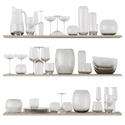 Stylish Wine Bottles and Glasses Display on Multiple Shelves with Various Glassware 3d model