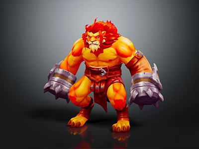 3D Fire Elemental Warrior Creature With Muscular Build Red Orange Flames And Metal Gauntlets 3d model
