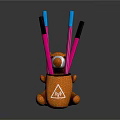 Brown Bear Shaped Pen Holder With Colorful Pens For Office Stationery Organization