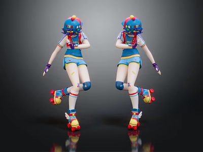 Vibrant Game Character In Blue Outfit With Roller Skates Helmet And Colorful Accents 3d model