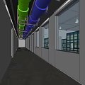 Modern Elevator Corridor With Colorful Pipes White Walls And Green Turf Floor