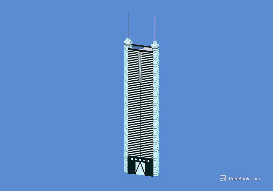 Modern Skyscraper With Vertical Striped Facade And Top Antennas On Blue Background 3d model
