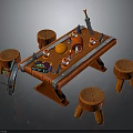 Wooden Craft Table With Stump Stools And Craft Tools For Kids Creative Activities 3d model