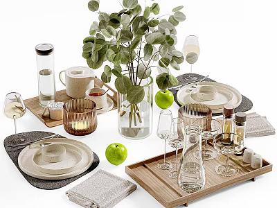 Stylish Tableware Set With Wooden Trays Glassware Plates Napkins Apples And Greenery 3d model