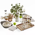Stylish Tableware Set With Wooden Trays Glassware Plates Napkins Apples And Greenery