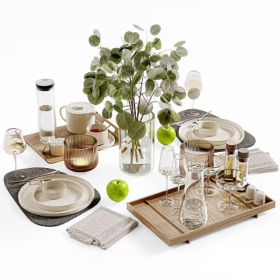 Stylish Tableware Set With Wooden Trays Glassware Plates Napkins Apples And Greenery 3d model