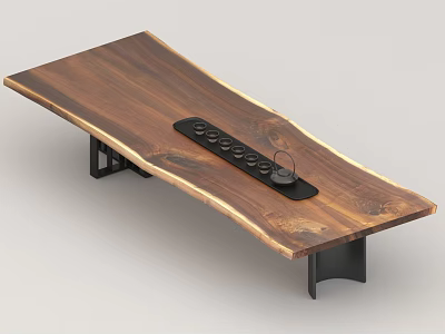 Natural Solid Wood Tea Table With Black Metal Legs And Tea Tray Design 3d model