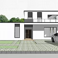 Modern Detached Villa with Large Glass Windows Lush Trees and Parked Cars in Front
