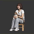 A Woman Sitting On Wooden Chair Holding Orange White Cat In Casual Outfit