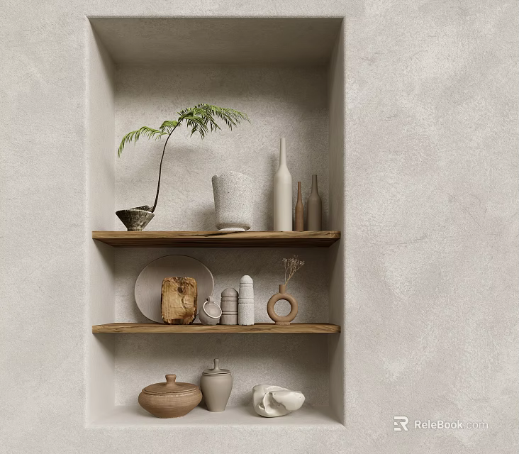 Decorative Ornament Combination On Wooden Shelves With Concrete Wall Green Plant Ceramic Vases And Plate 3d model 