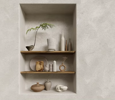 Decorative Ornament Combination On Wooden Shelves With Concrete Wall Green Plant Ceramic Vases And Plate 3d model
