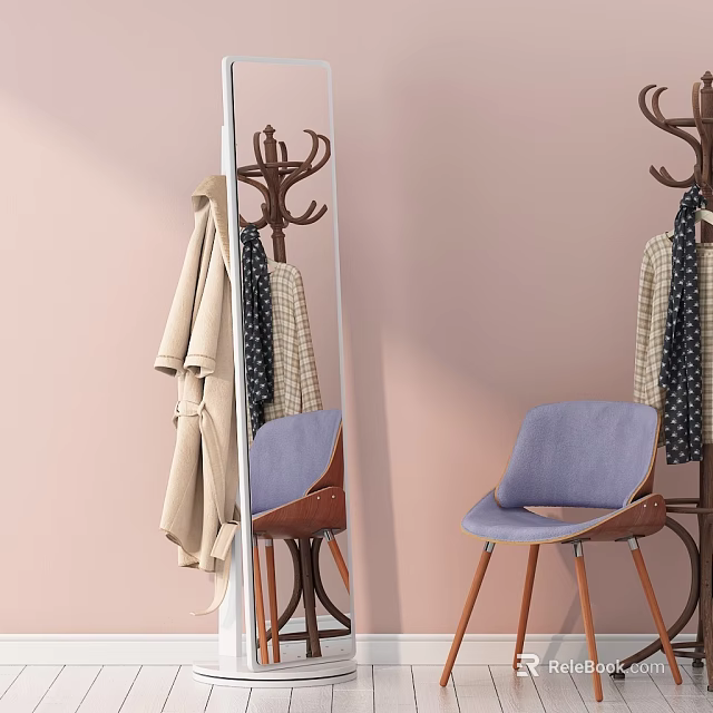 Modern Blue Single Chair With Wooden Legs Near Pink Wall Mirror And Coat Rack 3d model 