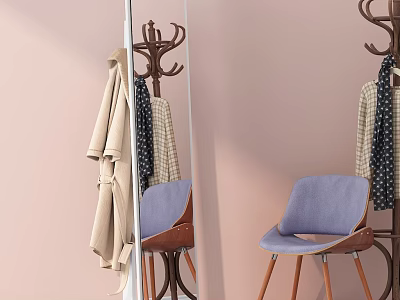Modern Blue Single Chair With Wooden Legs Near Pink Wall Mirror And Coat Rack 3d model