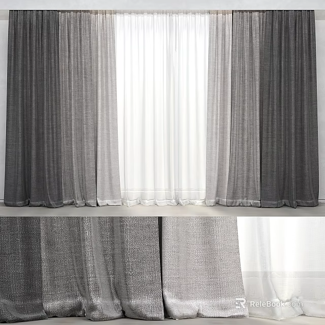 Gray Textured Curtains With White Sheer Panels For Living Room Windows 3d model 