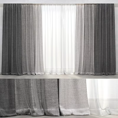 Gray Textured Curtains With White Sheer Panels For Living Room Windows 3d model