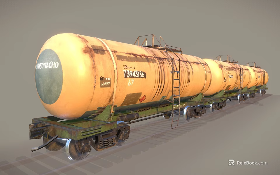 Rusty Yellow Tank Train On Railway Tracks With Green Chassis 3d model 