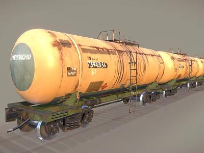 Rusty Yellow Tank Train On Railway Tracks With Green Chassis 3d model