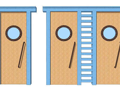Single And Double Brown Swing Doors With Blue Frames Round Windows Black Handles 3d model