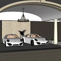 Luxury Garage Interior With Two White Porsches Under Arched Entrance Pendant Light And Plants
